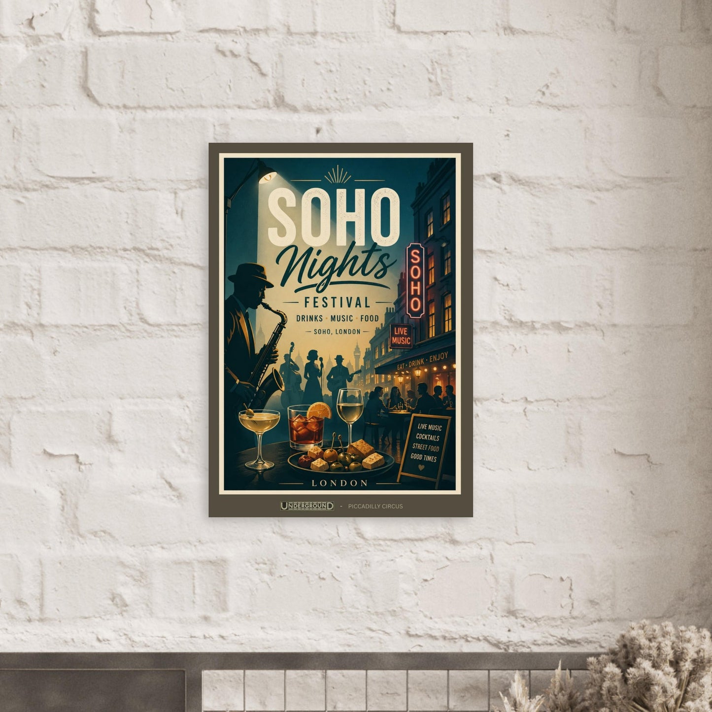 Framed poster of 'Soho Nights Festival' on a white brick wall.