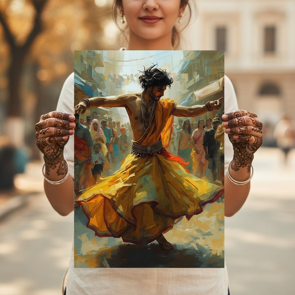 Person holding a painting of a dancer in a busy street.