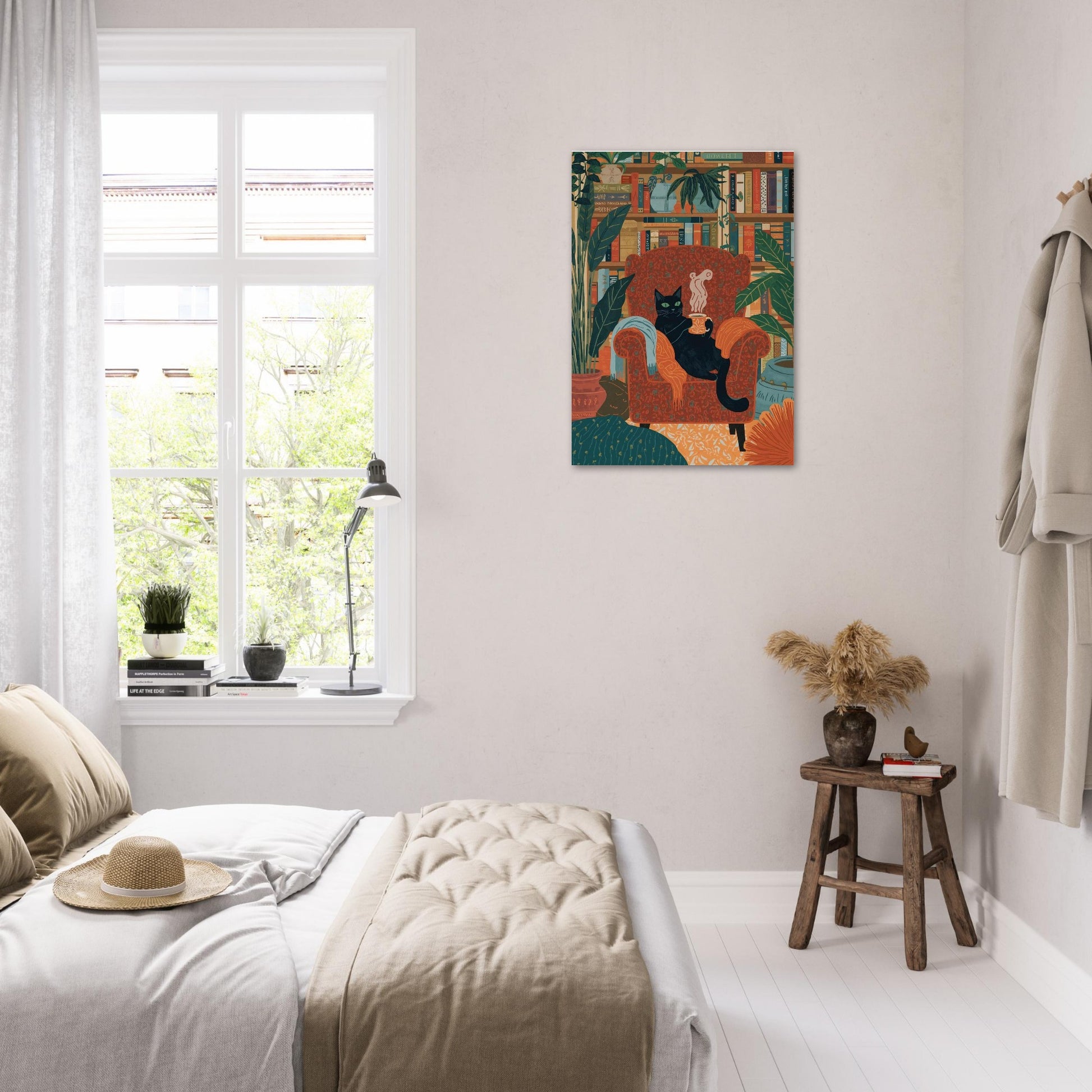 Colorful abstract painting on a wall in a bedroom with a bed and window.