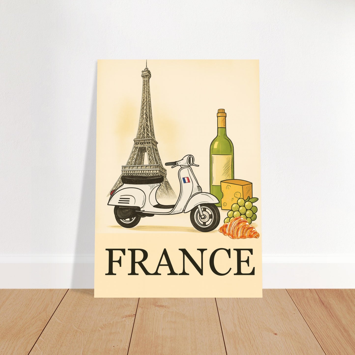 Vintage France Travel Poster - Paris Wall Art with Scooter, Wine & Cheese - Charming Home Decor