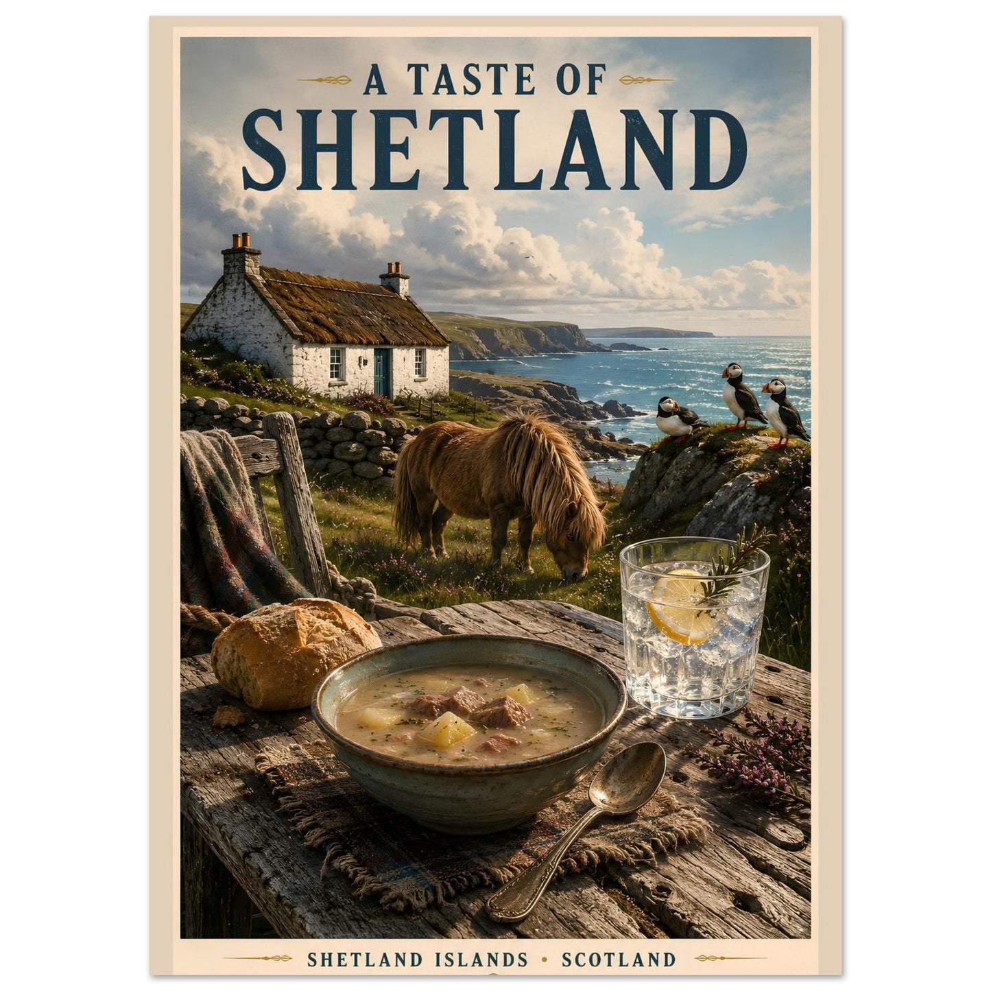 A Taste of Shetland vintage travel poster against a clean white studio background