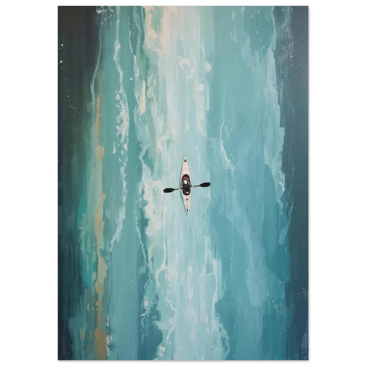 Kayaker Poster in the middle of a river with a colorful, abstract background