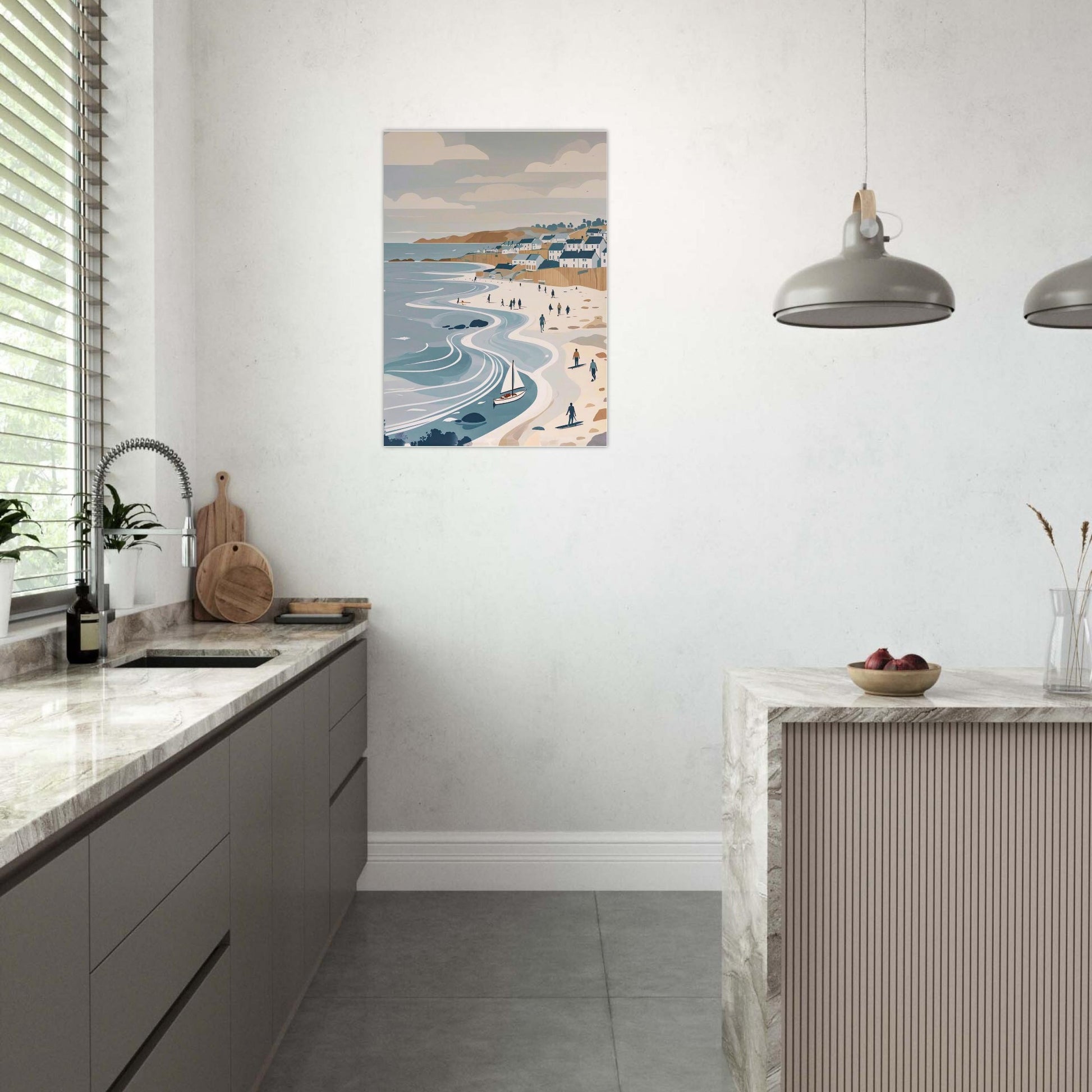 Scandinavian coastal wall art print with flowing waves displayed in a modern kitchen space