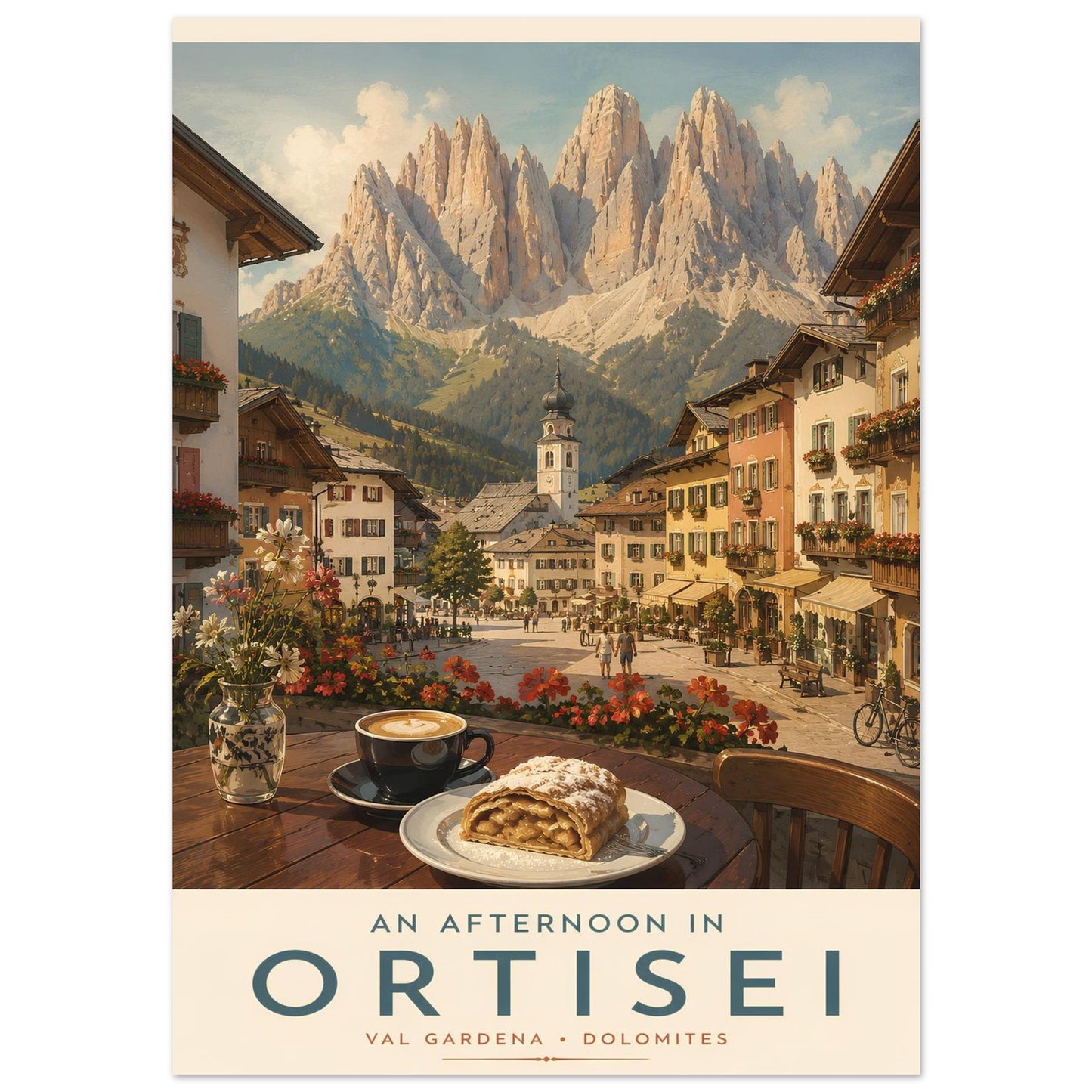 Close-up of the Ortisei travel poster featuring flower-filled alpine streets, café culture and the dramatic peaks of the Dolomites in northern Italy