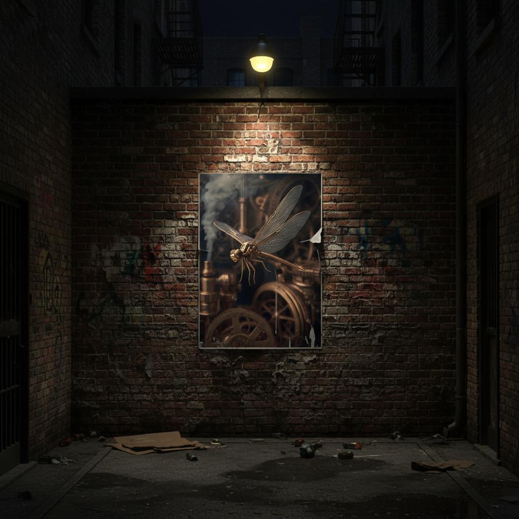 Dark alleyway with a brick wall featuring a large painting of a dragonfly and mechanical elements.