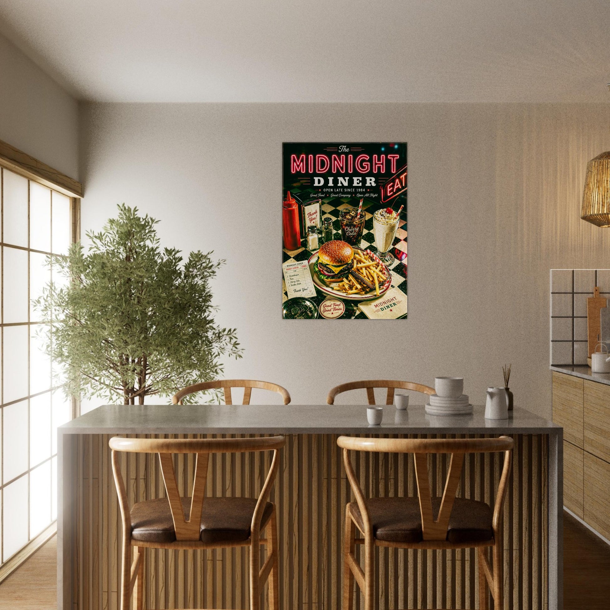 Dining area with a table and chairs, featuring a 'Midnight Diner' poster on the wall.