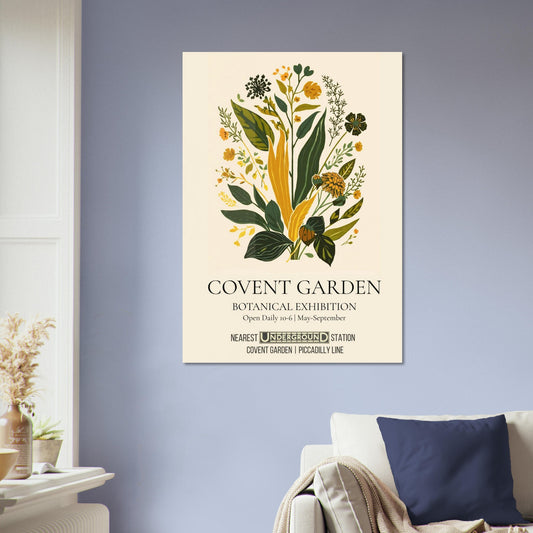 Poster of Covent Garden botanical exhibition on a wall above a sofa.