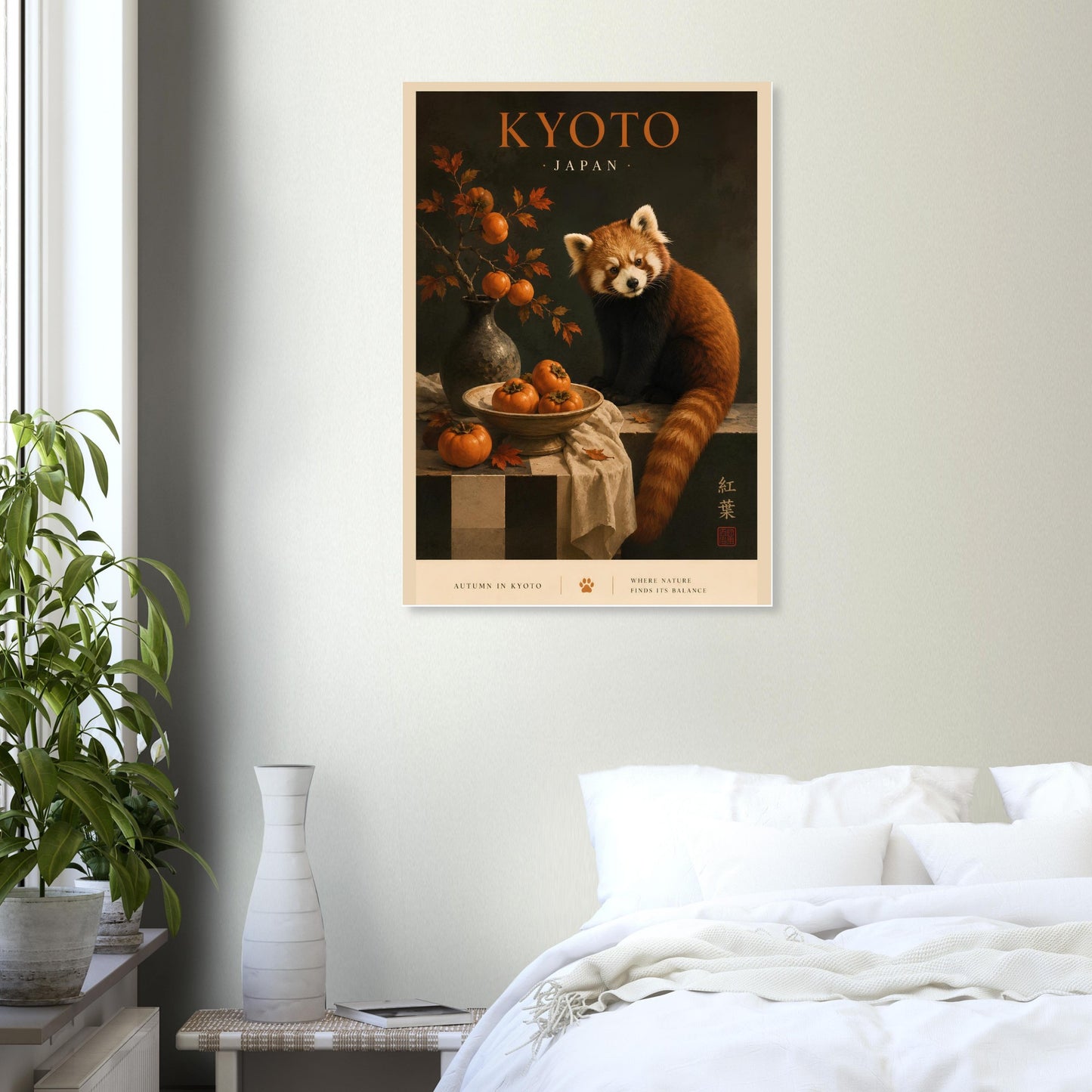 Framed artwork of a red panda in a room with a bed and plant