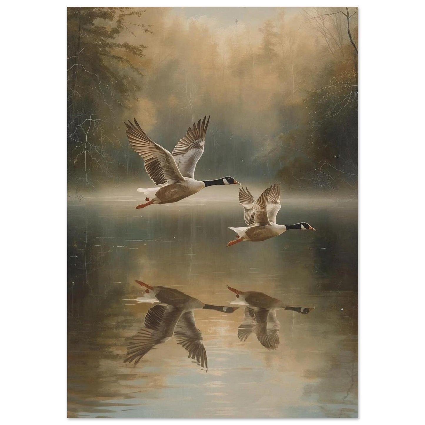 Poster of Two geese flying over a reflective lake with a misty forest background