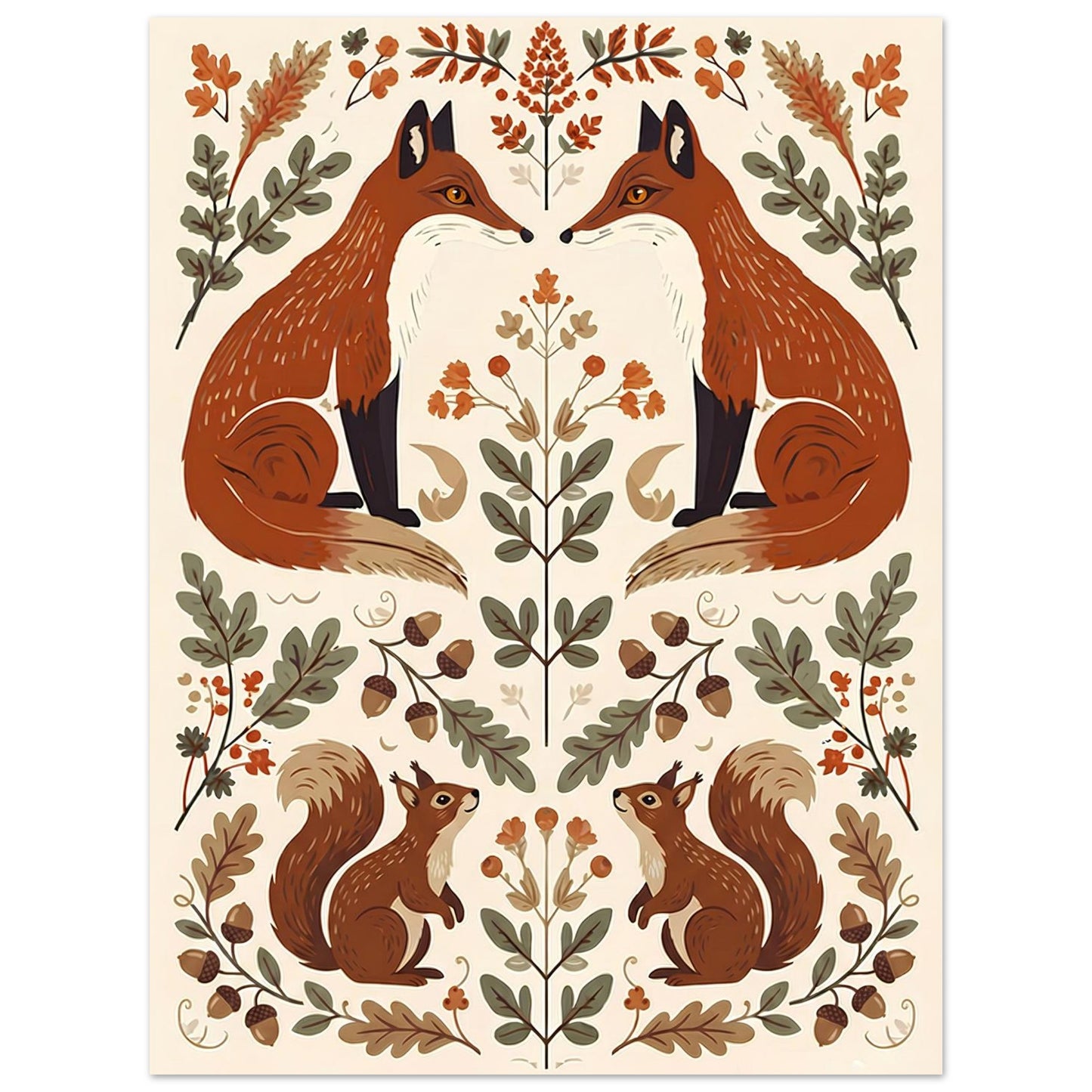 Close-up of Foxes & Ferns woodland wall art featuring red foxes, acorns, ferns and decorative folk art elements.
