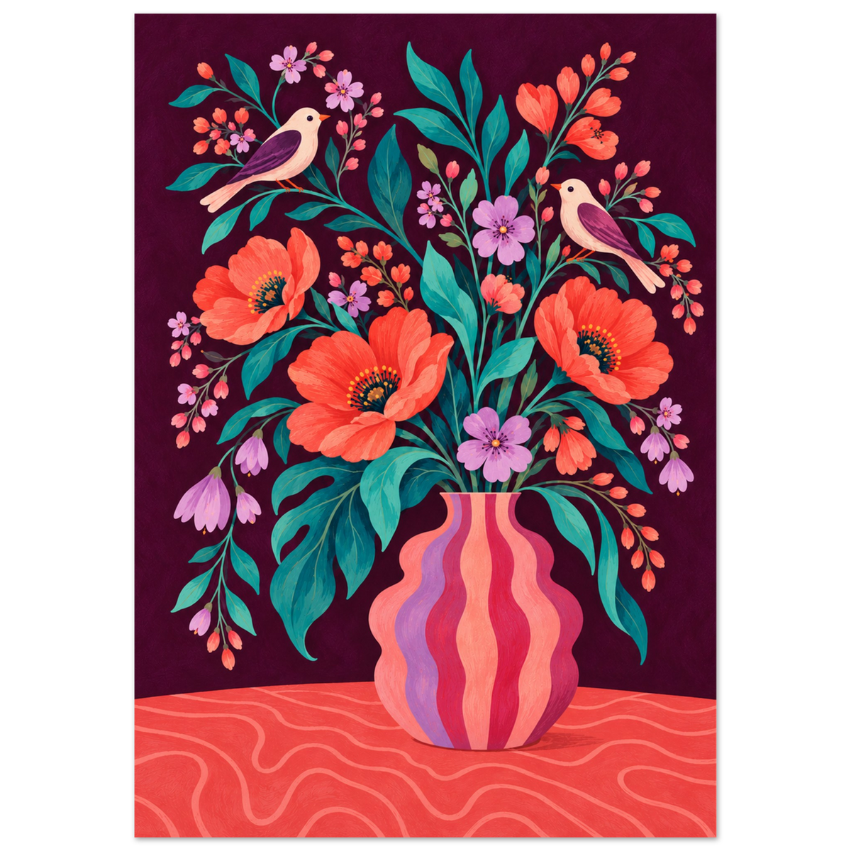A colorful floral art print featuring a wavy pink and orange vase filled with orange poppies, purple blossoms, green leaves, and two small birds against a dark burgundy background.