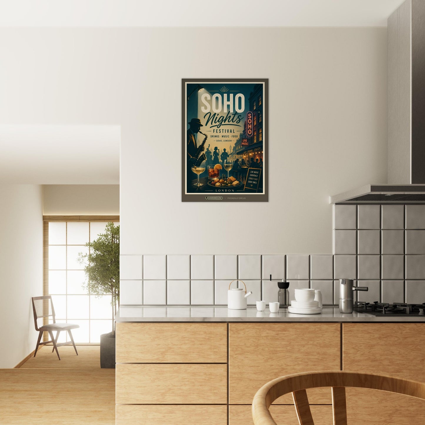 Kitchen interior with a framed poster on the wall