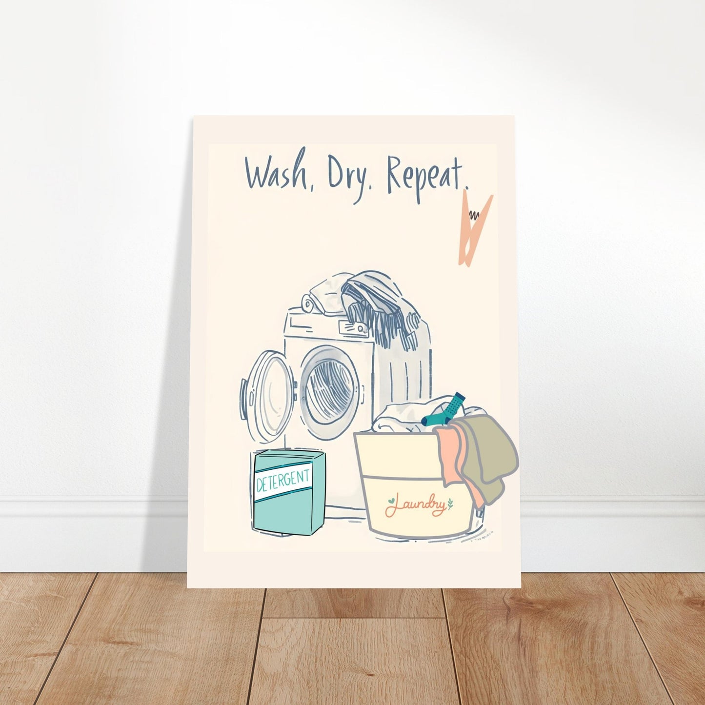Poster with a washing machine illustration and text 'Wash. Dry. Repeat.' on a white background.