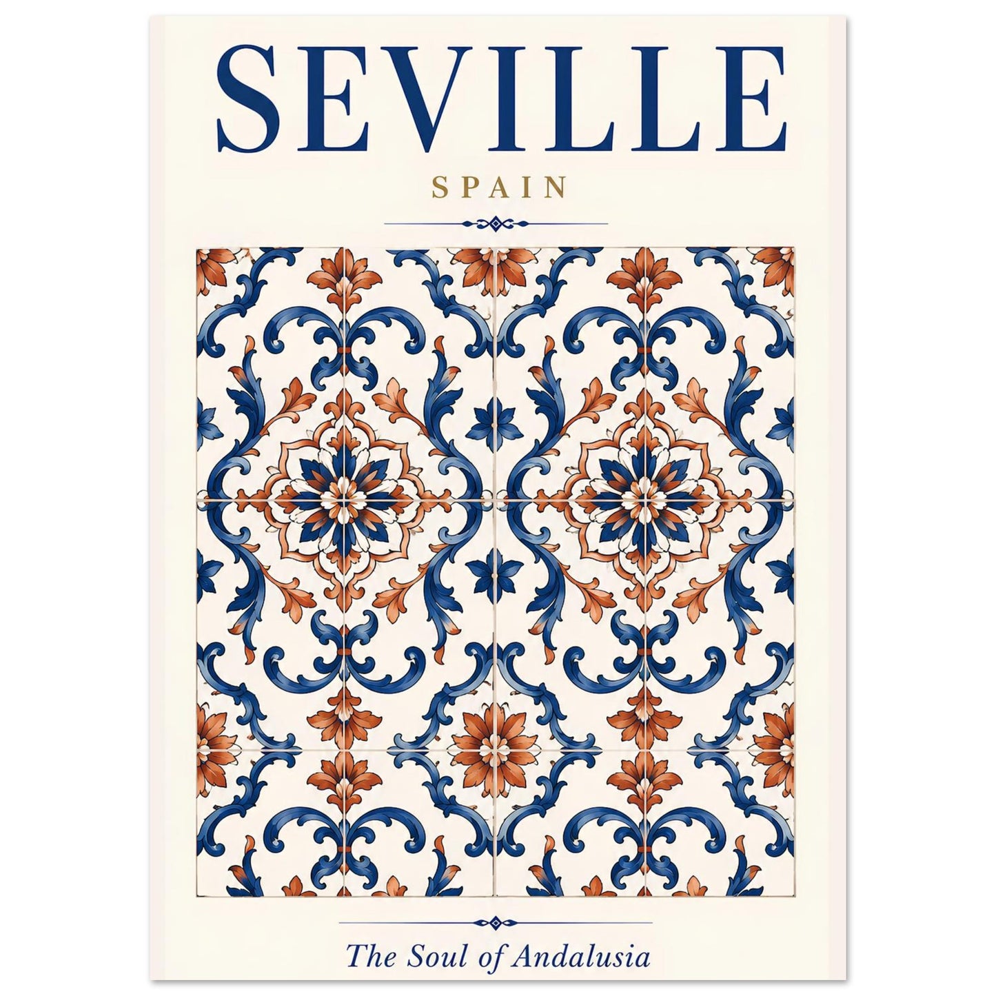 Seville Spain wall art featuring an intricate blue and terracotta Andalusian-inspired ceramic tile pattern.