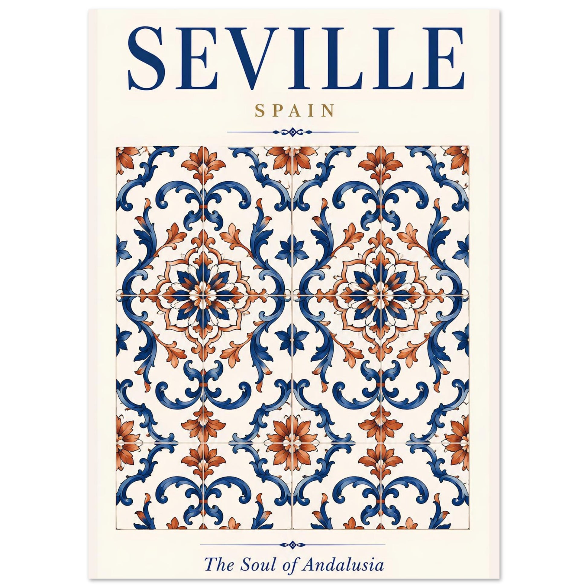 Seville Spain wall art featuring an intricate blue and terracotta Andalusian-inspired ceramic tile pattern.