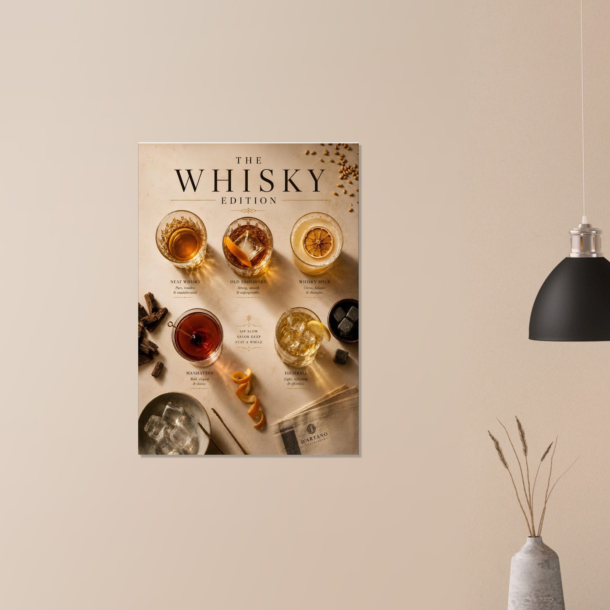 Poster titled 'The Whisky Edition' on a beige wall with a black pendant light and white vase.