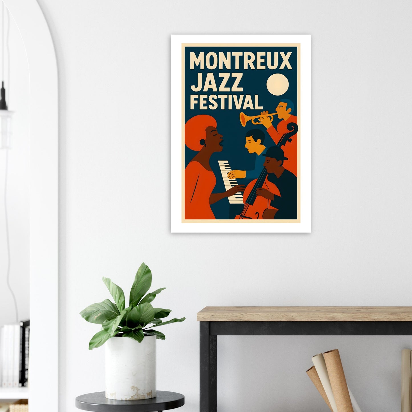 Montreux Jazz Festival poster on a wall with a plant and table below.