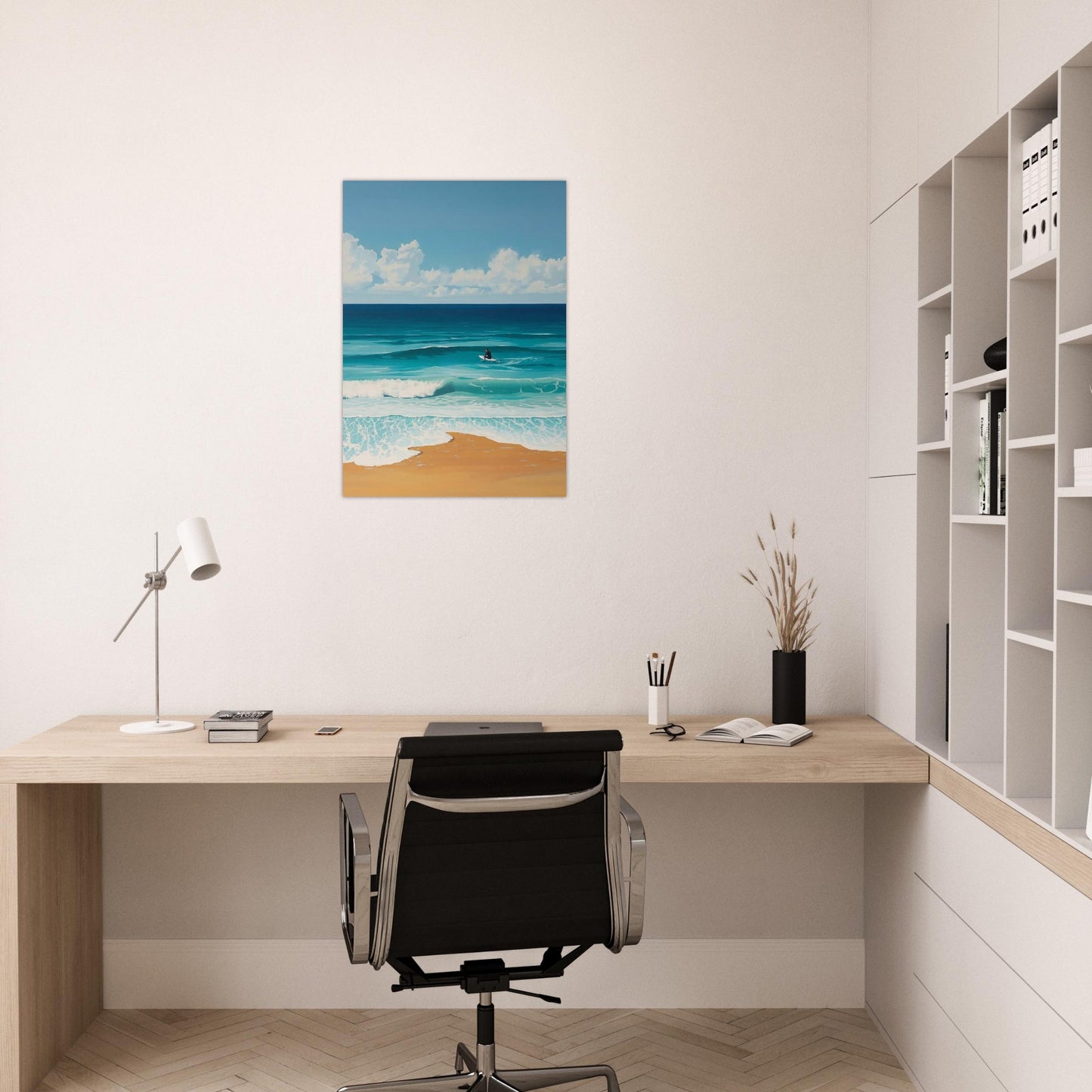 Modern office setup with a desk, chair, and wall art of a beach scene.