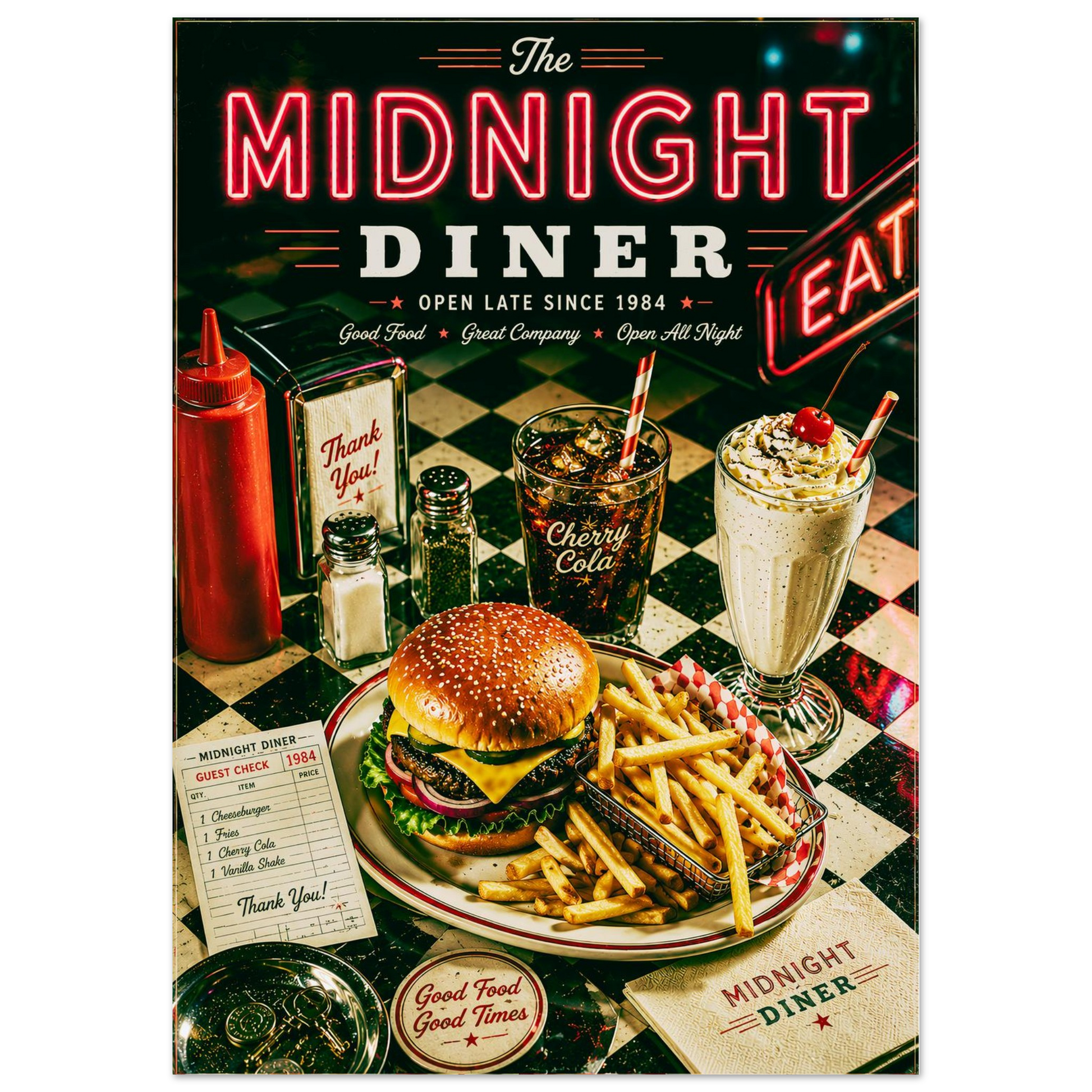 Vintage Americana wall art featuring classic diner food, checkerboard décor and nostalgic neon lighting