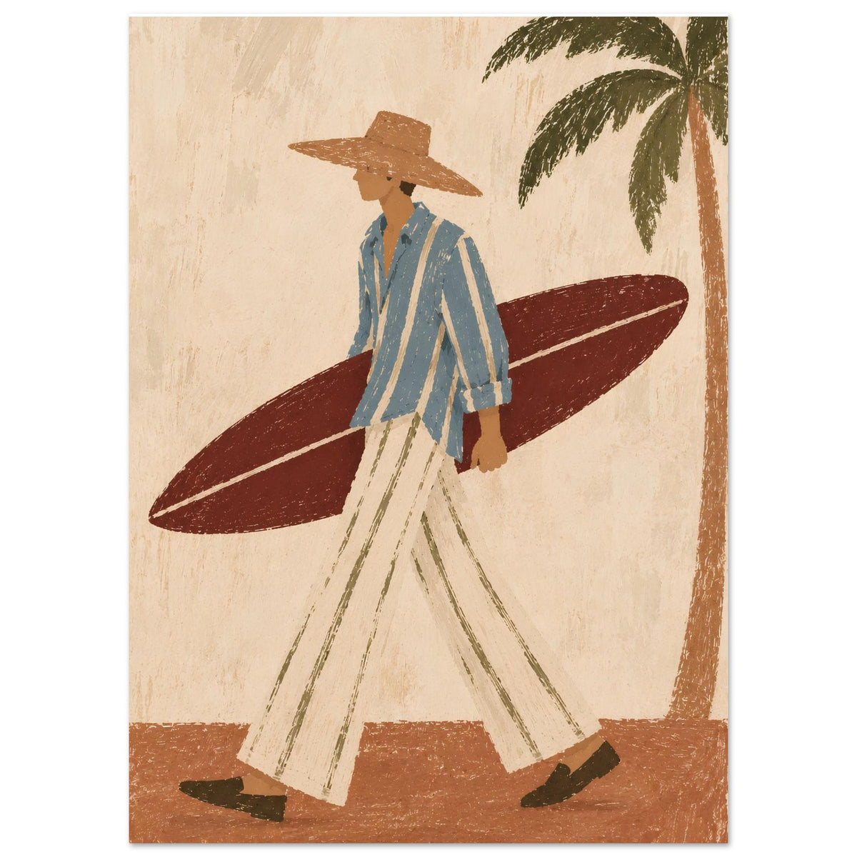 An illustration of a man in a wide-brimmed hat, blue striped shirt and cream trousers carrying a burgundy surfboard beside a palm tree.
