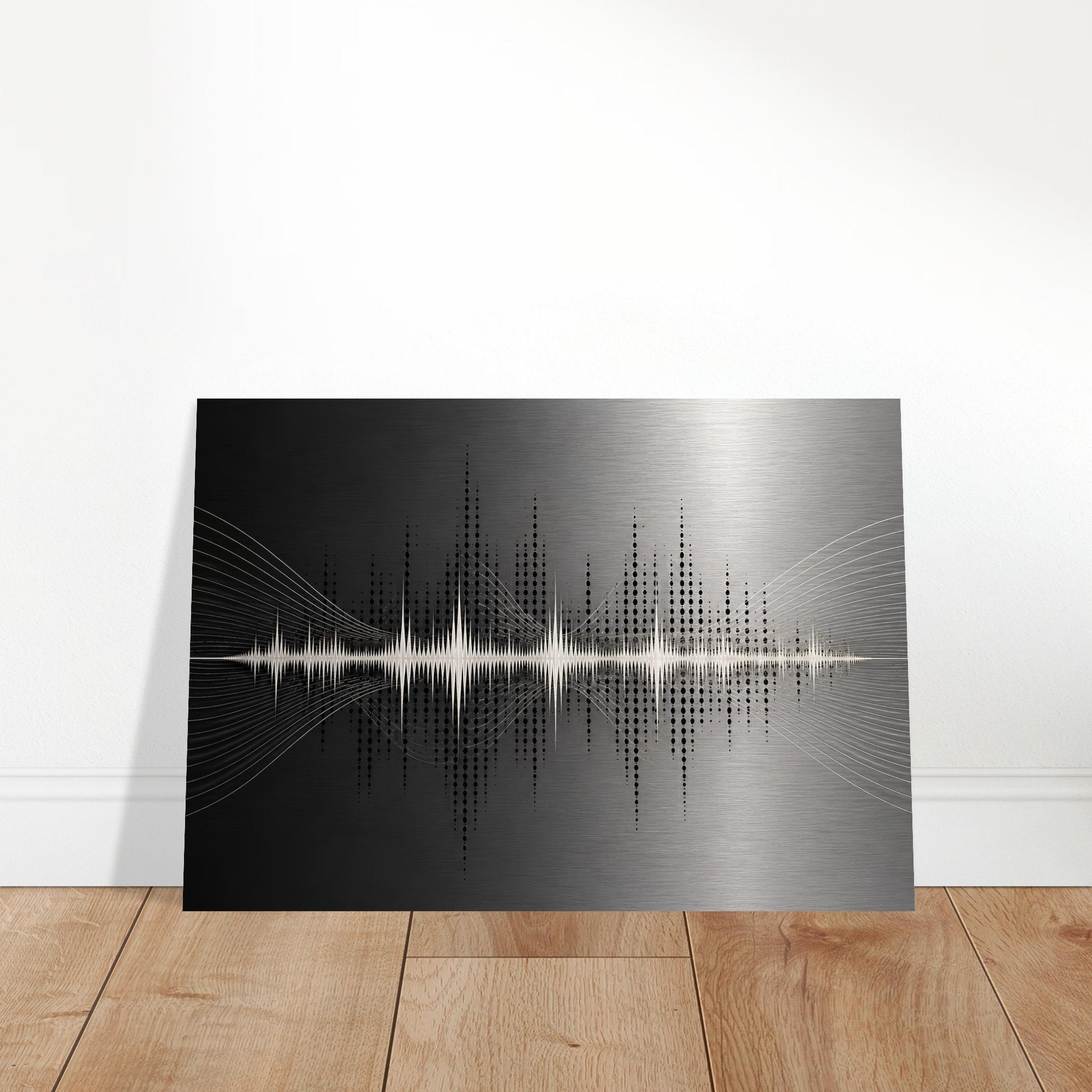 Abstract soundwave artwork shown standing on a wooden surface, highlighting the clean rectangular aluminium panel.
