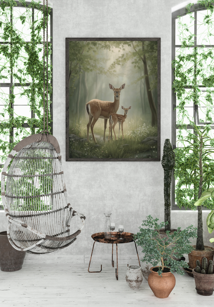 Indoor setting with a hanging chair, table, and deer painting on the wall.
