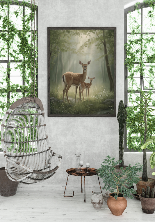 Indoor setting with a hanging chair, table, and deer painting on the wall.