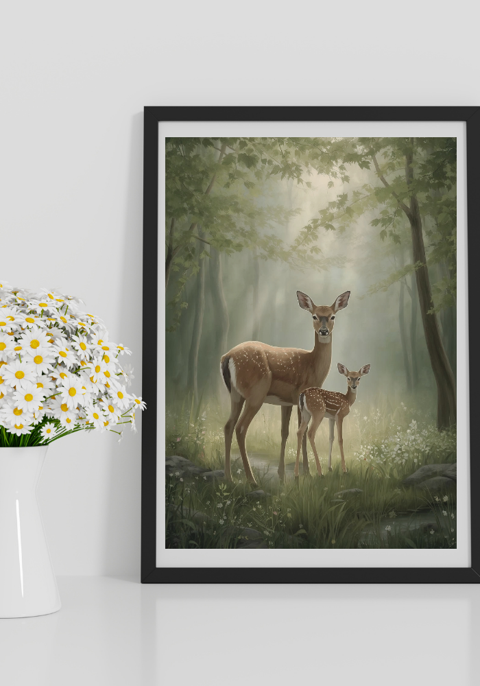 Framed artwork of two deer in a forest with a white wall and flowers in the foreground.