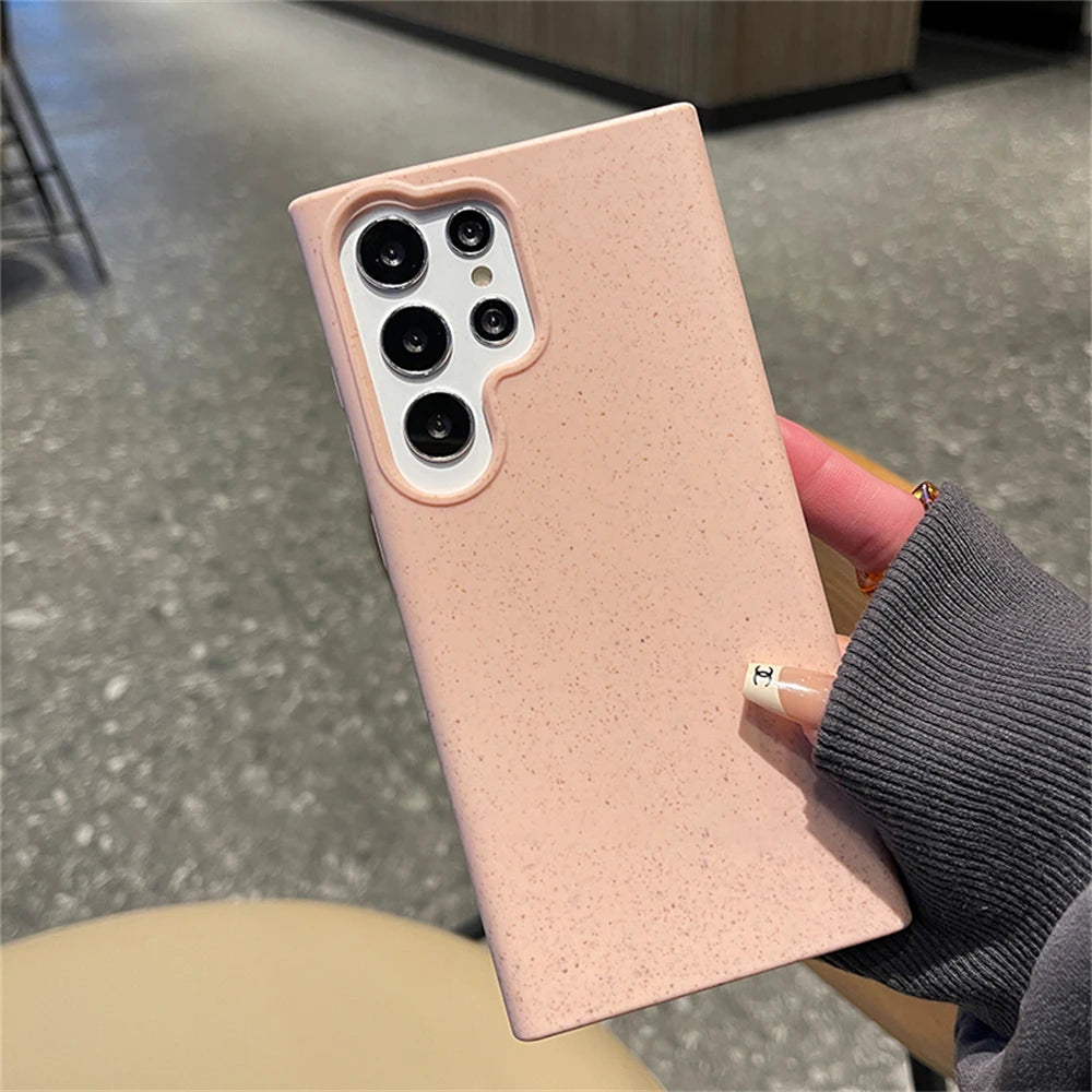Eco-friendly degradable wheat straw Samsung phone case in multiple colours. The phone shown is in pink 
