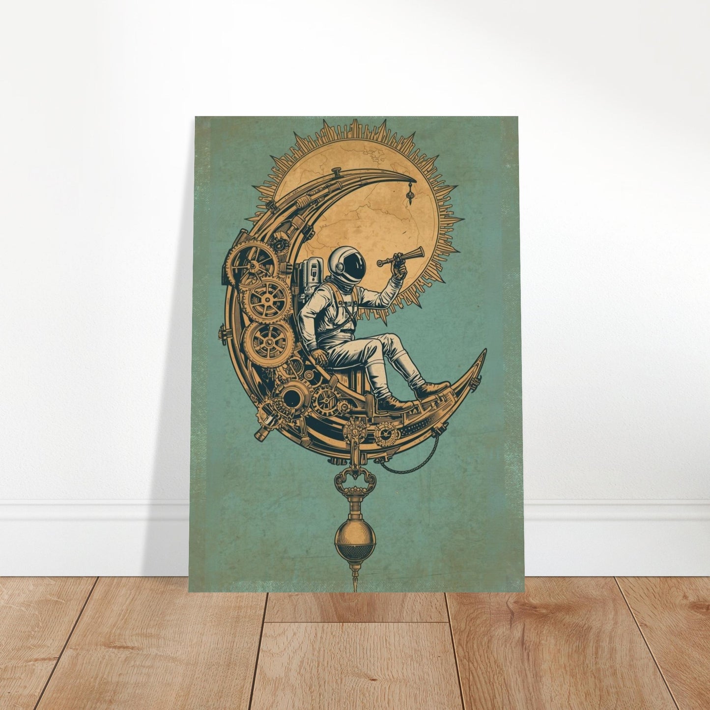 Steampunk astronaut wall art featuring an astronaut sitting on a mechanical crescent moon with gears and a celestial sun on a vintage teal background.
