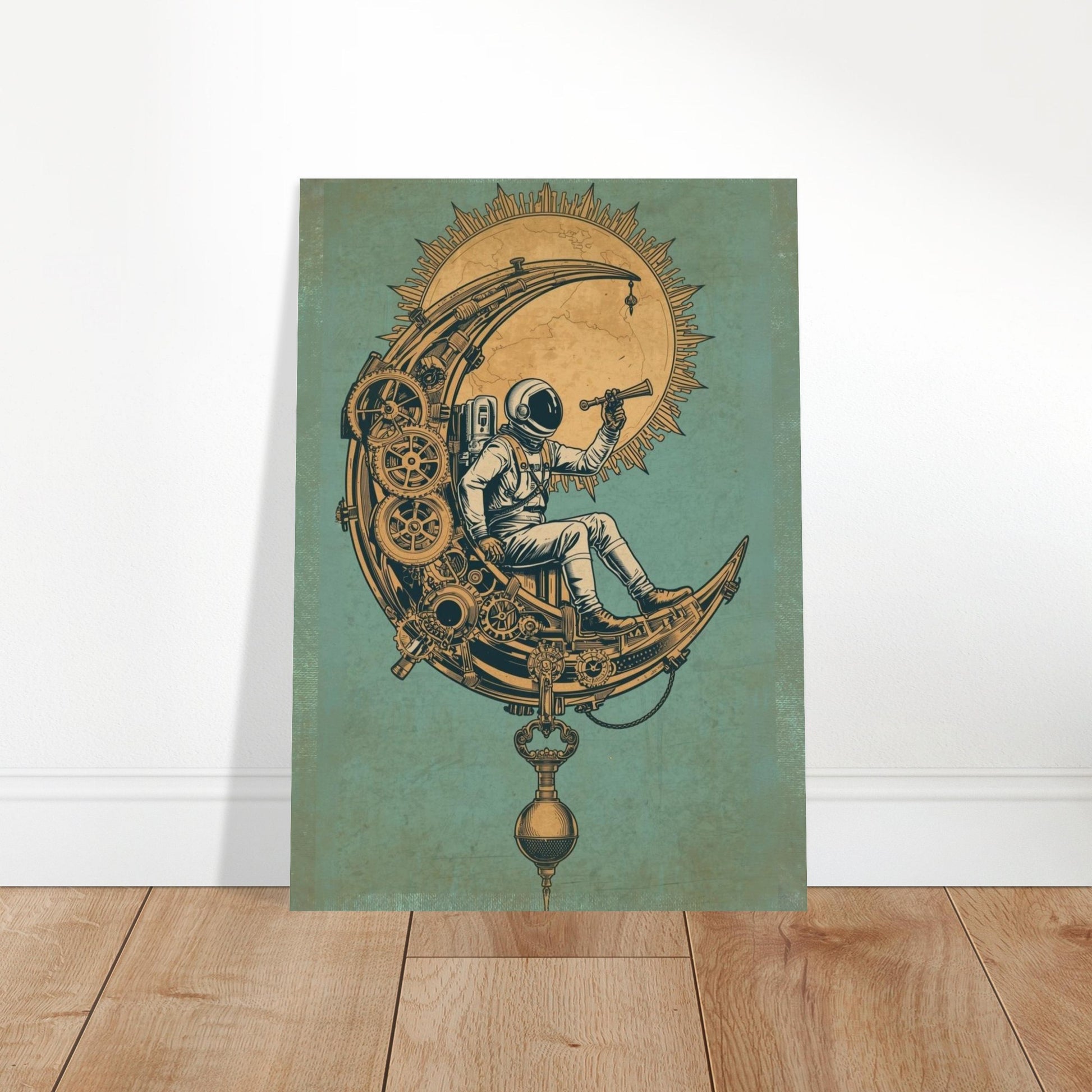 Steampunk astronaut wall art featuring an astronaut sitting on a mechanical crescent moon with gears and a celestial sun on a vintage teal background.