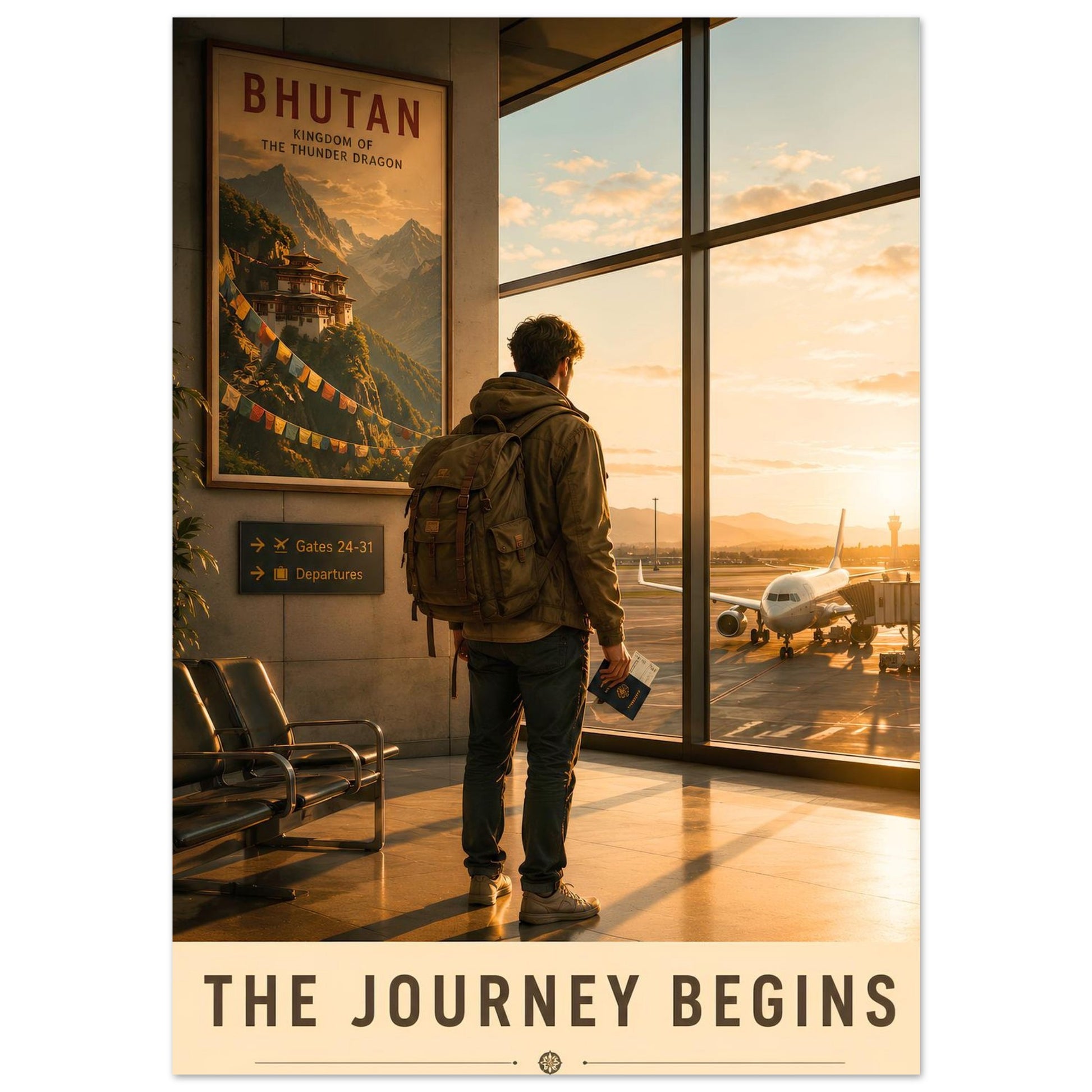 The Journey Begins contemporary travel wall art featuring a backpacker at an airport sunrise