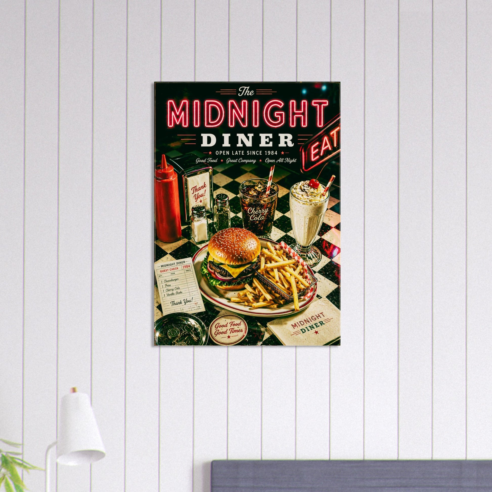 Poster of a diner scene with a burger and fries on a white wall.