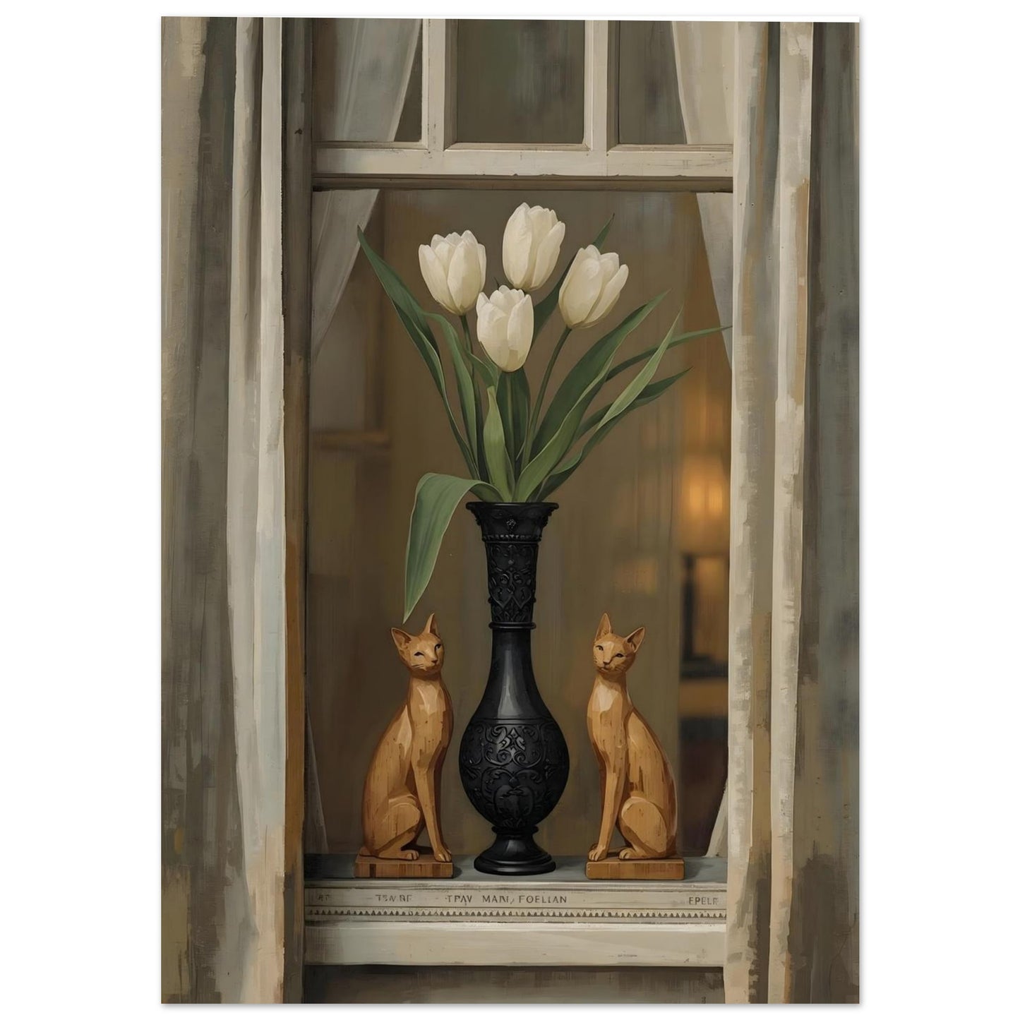 Decorative scene with a vase of white tulips and two cats in front of a window.