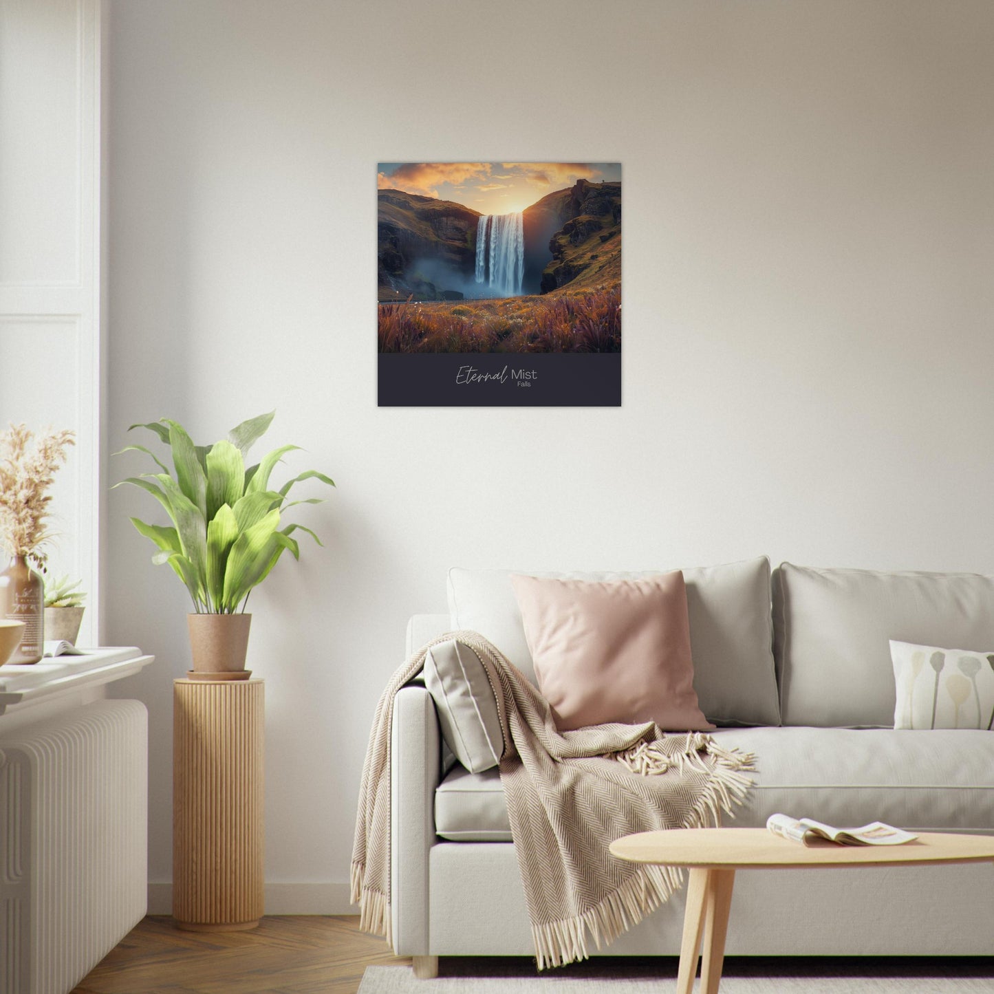 Eternal Mist Waterfall Poster | Sunset Landscape Wall Art | Modern Nature Decor