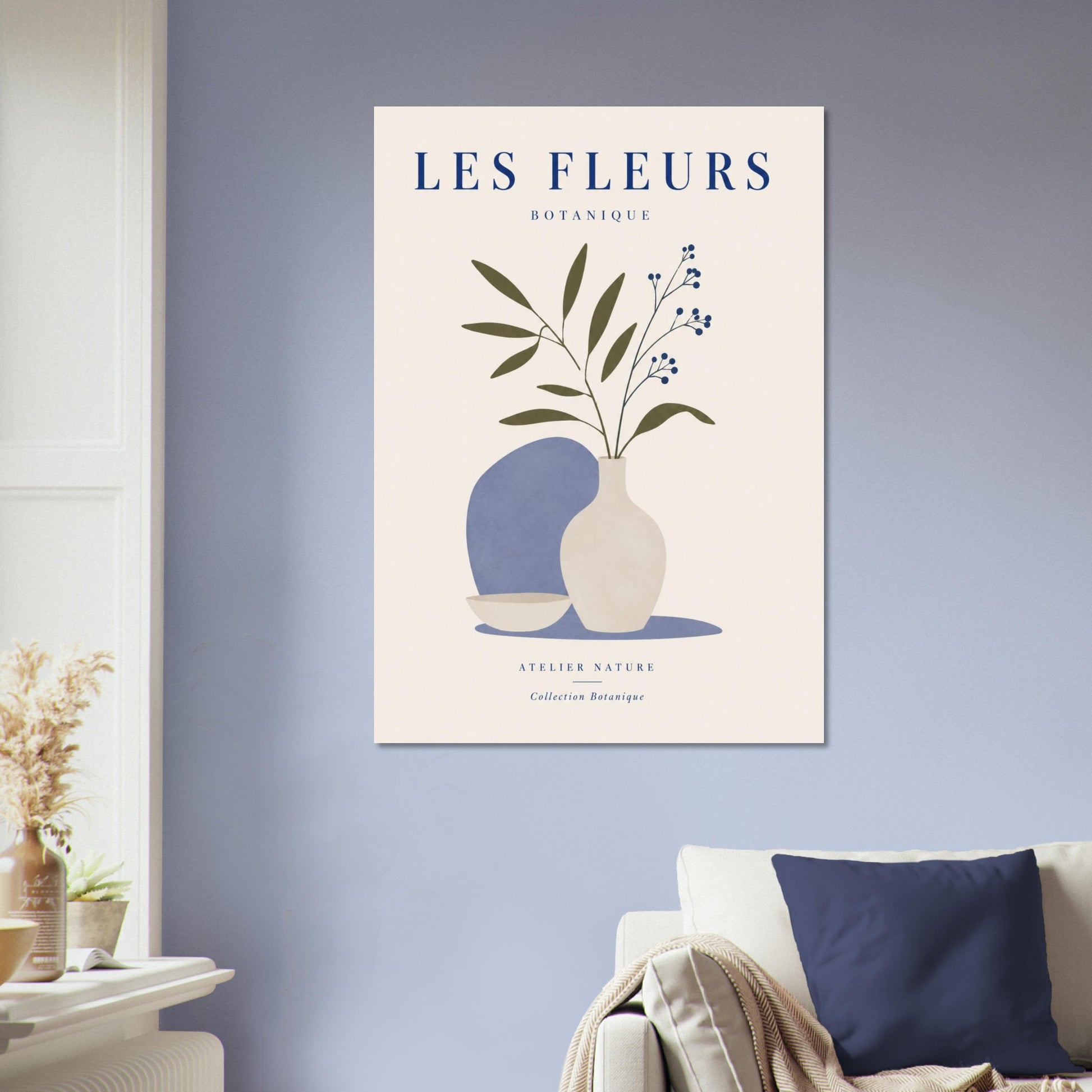 Minimalist Les Fleurs botanical poster with blue vase and floral stems displayed in modern neutral living room