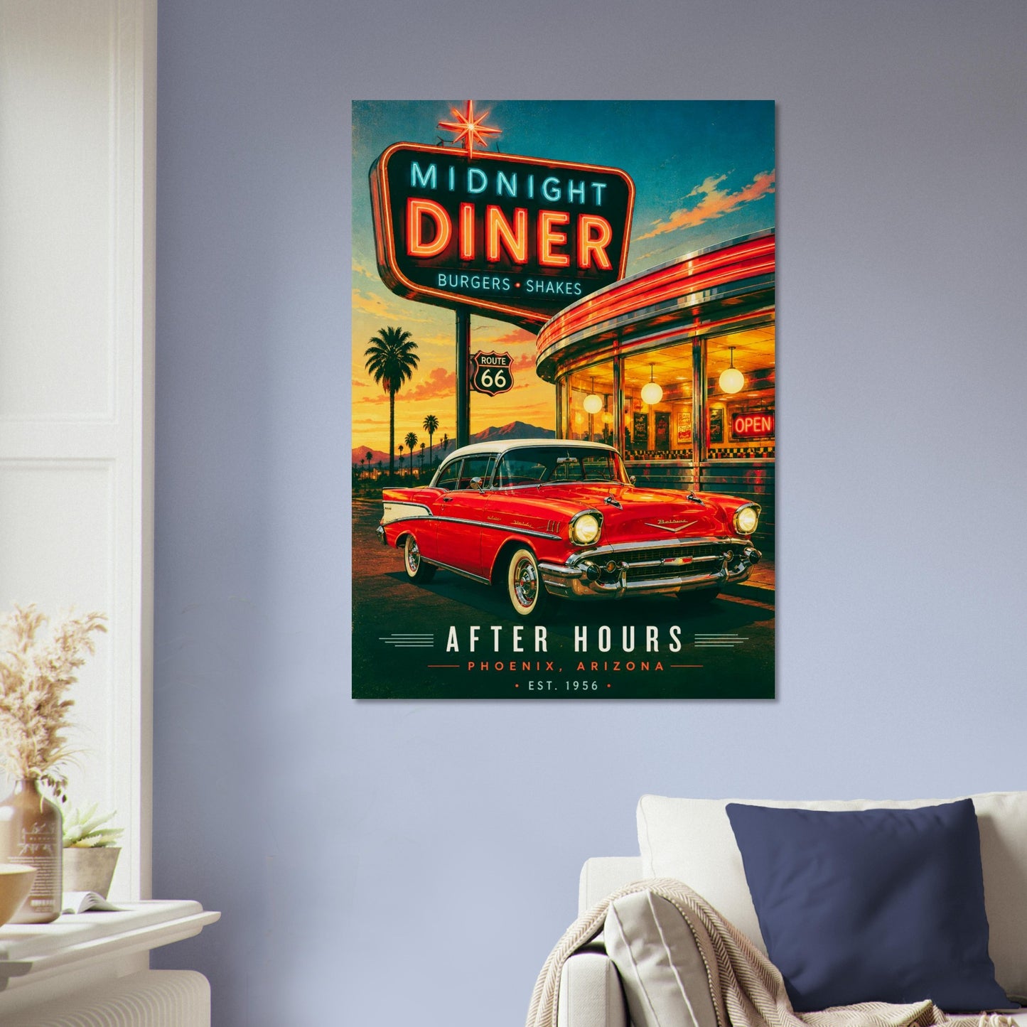 Poster of a classic diner with a red car in a living room setting
