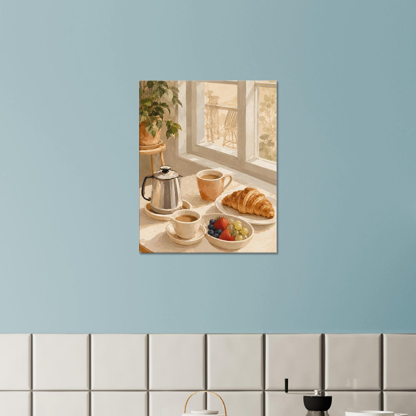 Decorative wall art of a breakfast scene with coffee, croissant, and fruit on a light blue wall.
