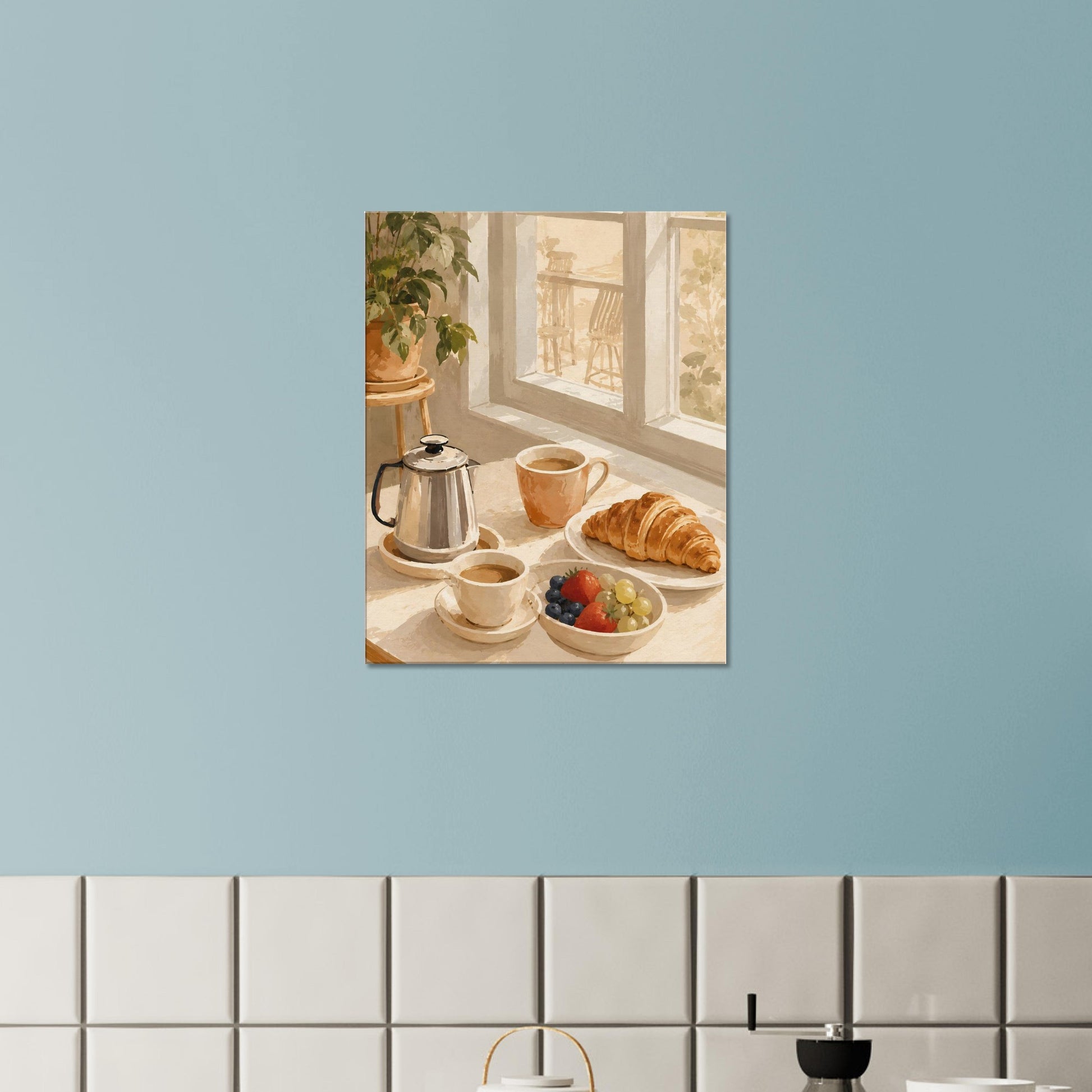 Decorative wall art of a breakfast scene with coffee, croissant, and fruit on a light blue wall.