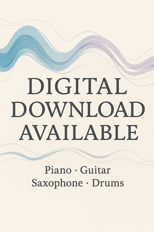 Text indicating digital download availability for music instruments on a light background