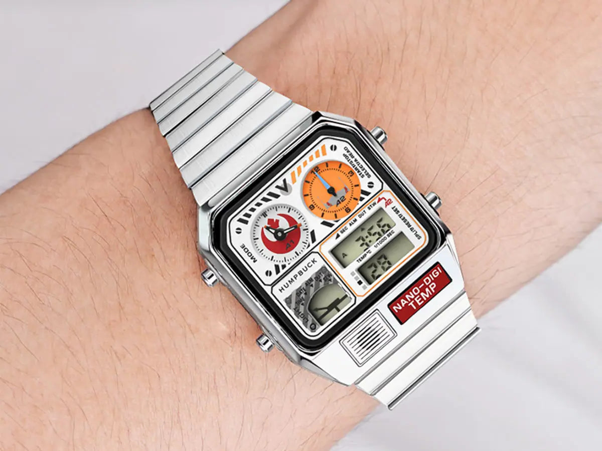 Digital watch with various display options on a wrist against a neutral background
