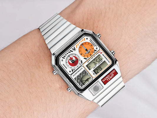 Digital watch with various display options on a wrist against a neutral background