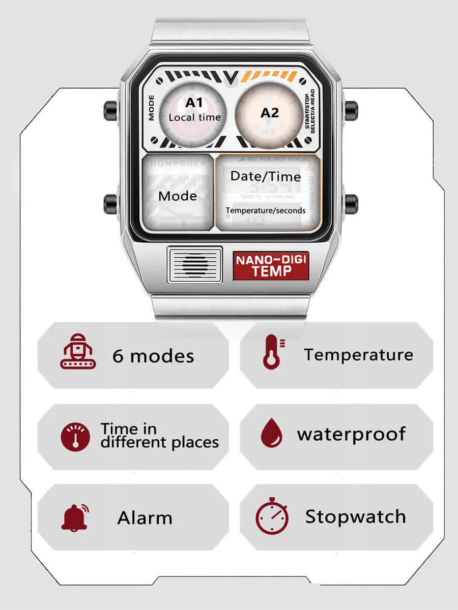 Watch with digital display and feature icons on a white background