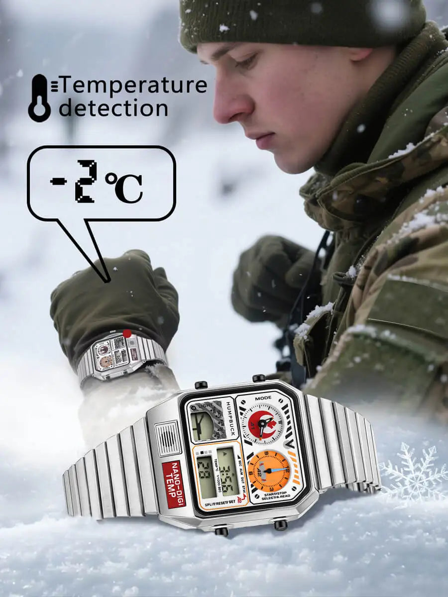Person in winter clothing using a digital watch with temperature detection feature in a snowy setting.