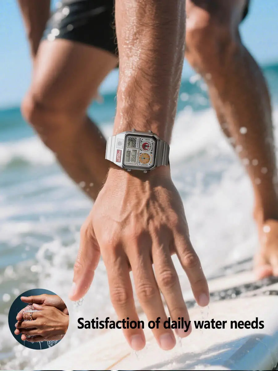 Person surfing with a watch on wrist, water splashing around
