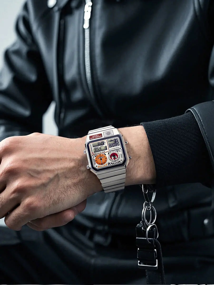 Person wearing a futuristic digital watch with a black leather jacket.