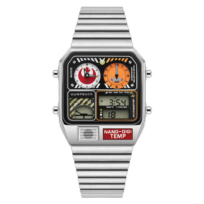 Digital watch with a silver band on a white background