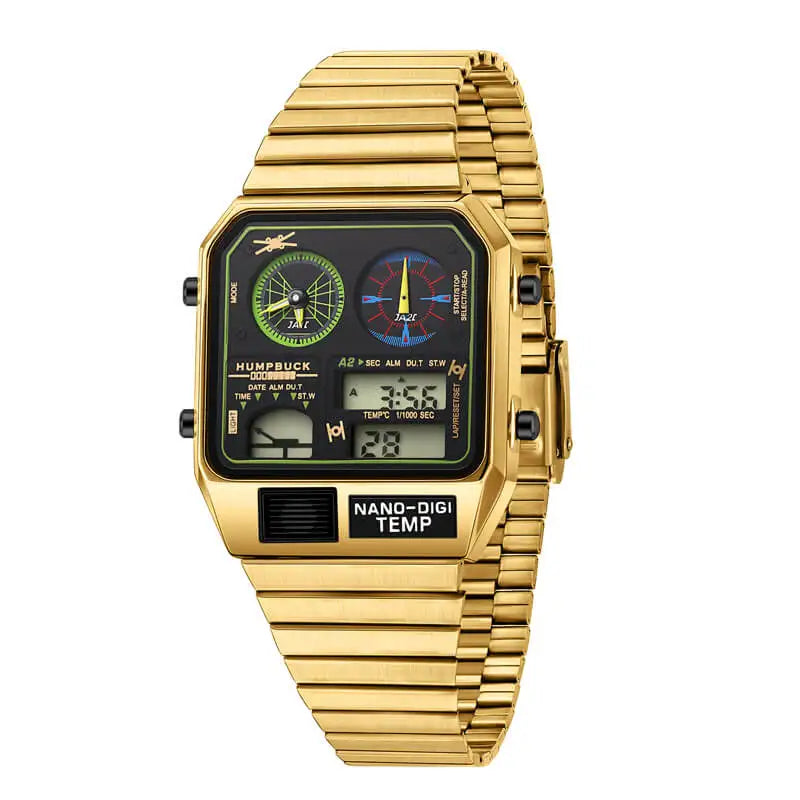 Gold wristwatch with digital display on a white background