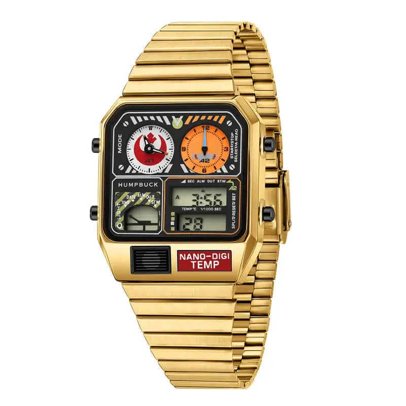 Gold wristwatch with a detailed face on a white background