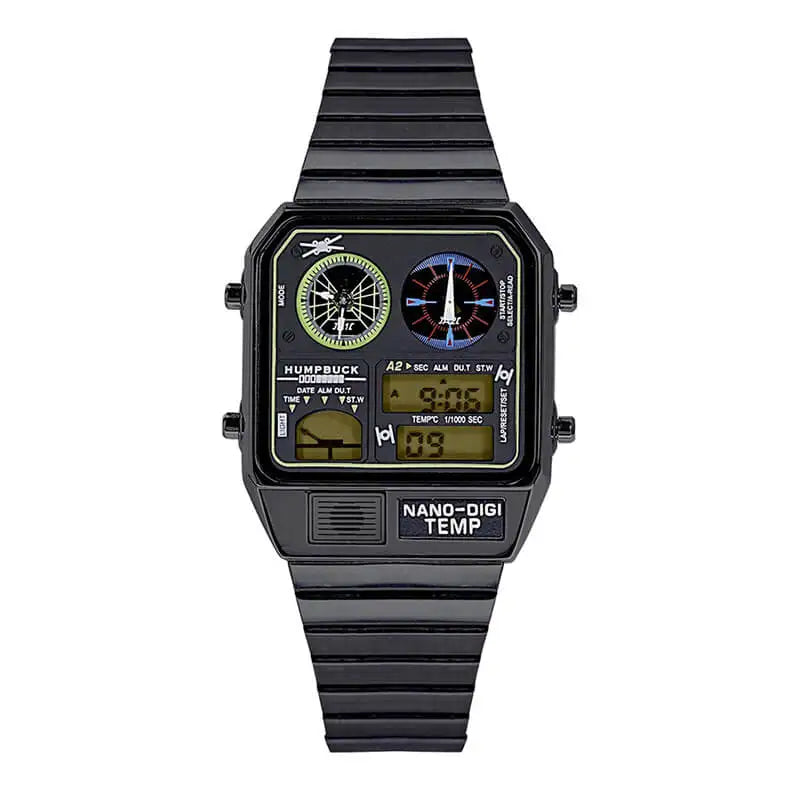 Black digital watch with various display elements on a white background